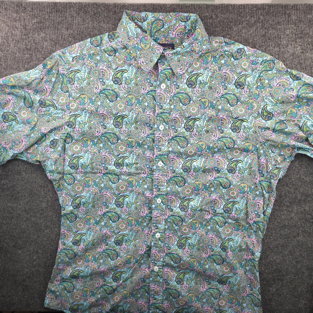 Cremieux Premium Denim Shirt Mens L Teal Paisley Floral Short Sleeve Button Down